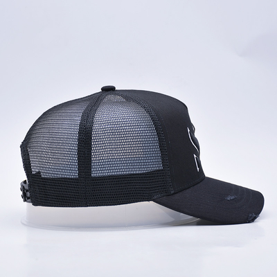 Customisable Curved Black Distressed Trucker Hat Wholesale 5 Panel 3D Broded Trucker Cap