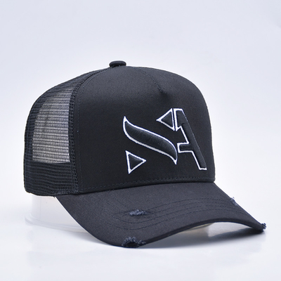 Customisable Curved Black Distressed Trucker Hat Wholesale 5 Panel 3D Broded Trucker Cap