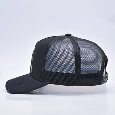 Customisable Curved Black Distressed Trucker Hat Wholesale 5 Panel 3D Broded Trucker Cap