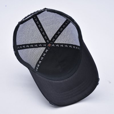 Customisable Curved Black Distressed Trucker Hat Wholesale 5 Panel 3D Broded Trucker Cap