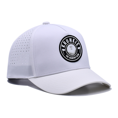 OEM Custom 5 Panel Karet Pvc Logo Laser Cut Hole Perforated Sport Performance Ayah Topi, Putih Waterproof Tahan UV Baseball Cap