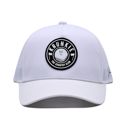 OEM Custom 5 Panel Karet Pvc Logo Laser Cut Hole Perforated Sport Performance Ayah Topi, Putih Waterproof Tahan UV Baseball Cap