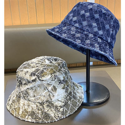 Hot Sale Musim semi dan musim gugur Baru Flat Top Frayed Denim Suquin Plaid Bordir Custom Bucket Hat Bordir logo topi nelayan