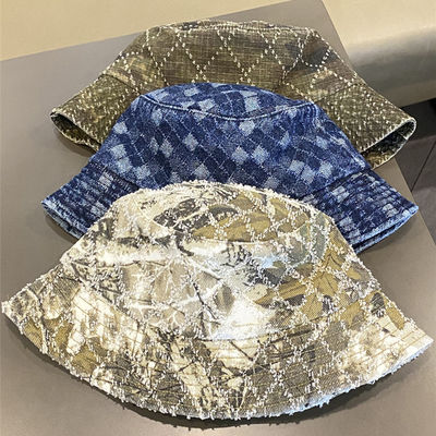 Hot Sale Musim semi dan musim gugur Baru Flat Top Frayed Denim Suquin Plaid Bordir Custom Bucket Hat Bordir logo topi nelayan