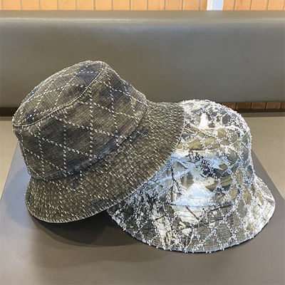 Hot Sale Musim semi dan musim gugur Baru Flat Top Frayed Denim Suquin Plaid Bordir Custom Bucket Hat Bordir logo topi nelayan