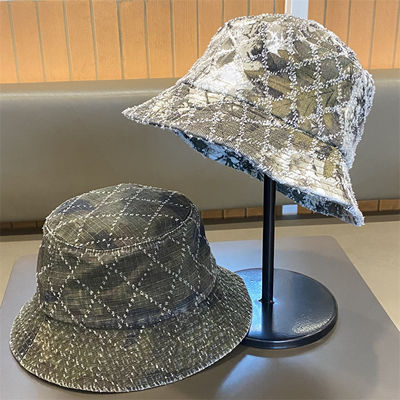 Hot Sale Musim semi dan musim gugur Baru Flat Top Frayed Denim Suquin Plaid Bordir Custom Bucket Hat Bordir logo topi nelayan