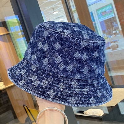 Hot Sale Musim semi dan musim gugur Baru Flat Top Frayed Denim Suquin Plaid Bordir Custom Bucket Hat Bordir logo topi nelayan