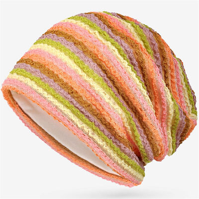 Kupluk Rajut Bergaris Wanita Berkualitas Tinggi Kustom Gaya Slouchy Skullies Topi Olahraga Musim Dingin Luar Ruangan Tanpa Manset