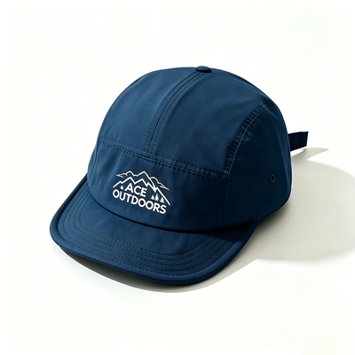 Flat Brim 5 Panel Camper Hat dengan Sports Mesh Sweatband dan Adjustable Hook-and-Loop Strap