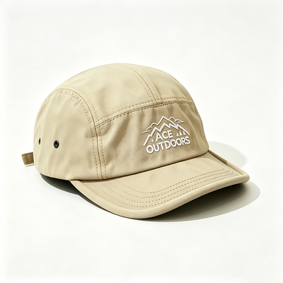 Flat Brim 5 Panel Camper Hat dengan Sports Mesh Sweatband dan Adjustable Hook-and-Loop Strap
