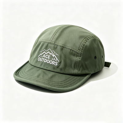 Flat Brim 5 Panel Camper Hat dengan Sports Mesh Sweatband dan Adjustable Hook-and-Loop Strap