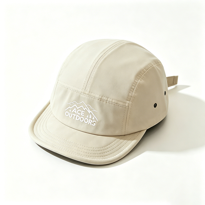 Flat Brim 5 Panel Camper Hat dengan Sports Mesh Sweatband dan Adjustable Hook-and-Loop Strap