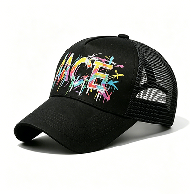 Adaptive Snapback Trucker Cap Digital Heat Transfer Graffiti Pattern Panel Depan Mesh Back Hat Sempurna untuk kegiatan luar ruangan