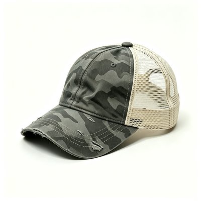 Topi Trucker Visor Melengkung Kamuflase Tertekan Menampilkan Struktur Terkonstruksi, Jaring Belakang Tahan Lama, dan Penutup Snap yang Dapat Disesuaikan untuk Dipakai Sehari-hari