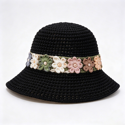 Bunga Band Crochet Bucket Hat Bawang Benang lebar Berkibar Gaya Pakaian Kepala yang sempurna untuk perjalanan Pantai Streetwear sehari-hari