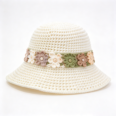 Bunga Band Crochet Bucket Hat Bawang Benang lebar Berkibar Gaya Pakaian Kepala yang sempurna untuk perjalanan Pantai Streetwear sehari-hari