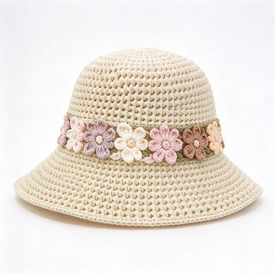 Bunga Band Crochet Bucket Hat Bawang Benang lebar Berkibar Gaya Pakaian Kepala yang sempurna untuk perjalanan Pantai Streetwear sehari-hari