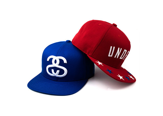 6 Panel Man Flat Brim Snapback Topi Merah Dan Biru Dengan Bordir 3D Wol Akrilik