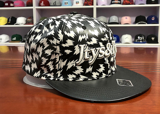 Topi snapback cetak flat bill hitam dan putih kustom