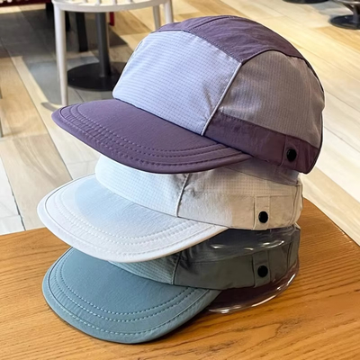 Unisex ringan bernafas cepat pengeringan 5 panel topi berkemah Custom Outdoor Hiking Camp Cap Splicing Short Brim Camper Hat