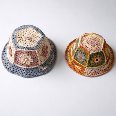 Topi Bucket Rajut Patchwork Bunga Pinggiran Lebar Ringan Bernapas Pelindung Matahari untuk Gaya Jalanan Vintage Harian