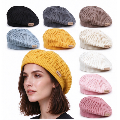 Topi Baret Rajut Kustom untuk Wanita Topi Baret Rajut Tangan Berlubang Warna Solid Beanie Lembut untuk Semua Musim Pakaian Santai Dukungan Kustomisasi